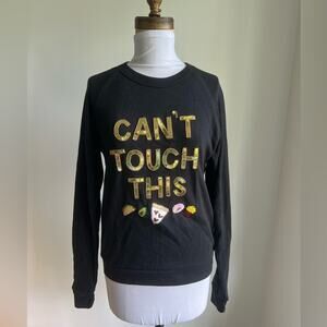 BLACK CREW NECK SWEATSHIRT CANT TOUCH THIS SNACKS SEQUIN SIZE S